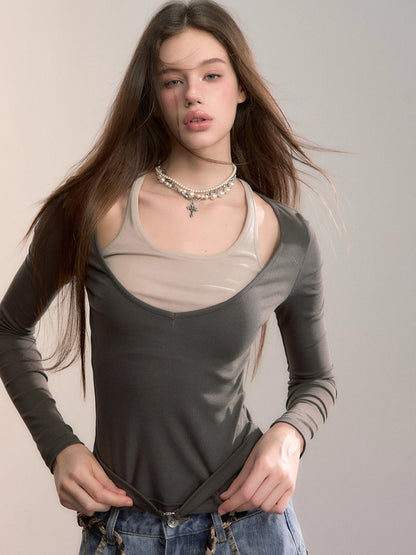 Belted Contrast Panel Knit Layered T-Shirt