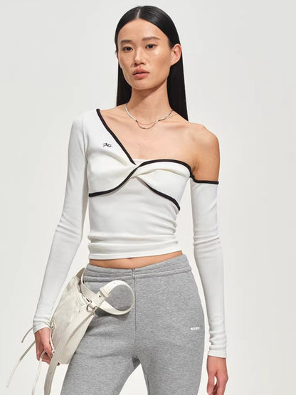 Sculpted Twist Asymmetric Off-Shoulder Knit Crewneck