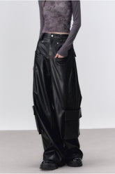 Black Rivet Straight Leather Pants - CHINASQUAD