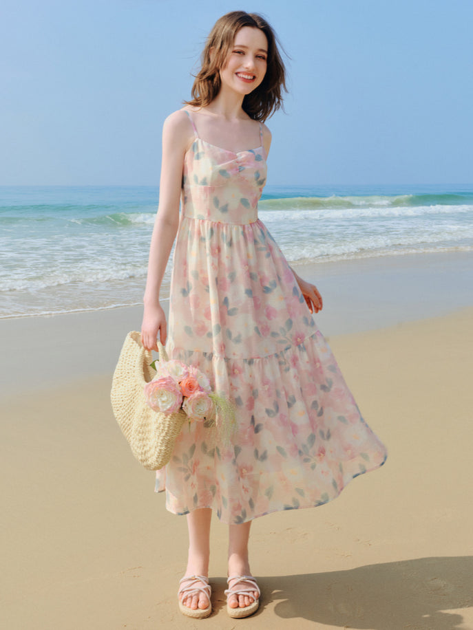 Pink Floral Waist-cinched Dress