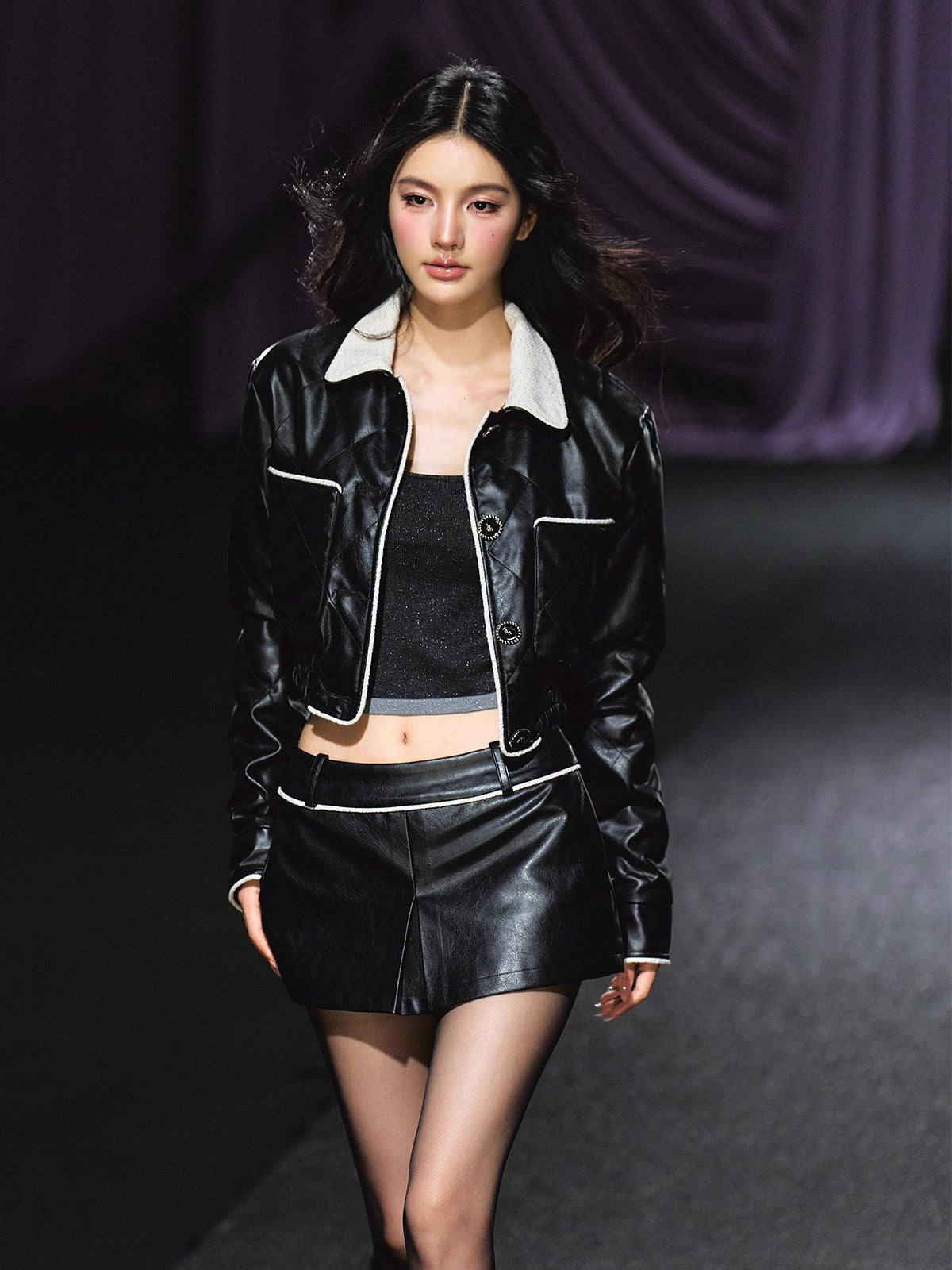 Contrast Trim Quilted Leather Jacket &amp; Skirt Set