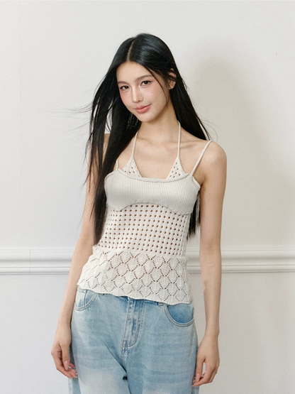 Fake Two-Piece Patchwork Hollow-out Tank Top
