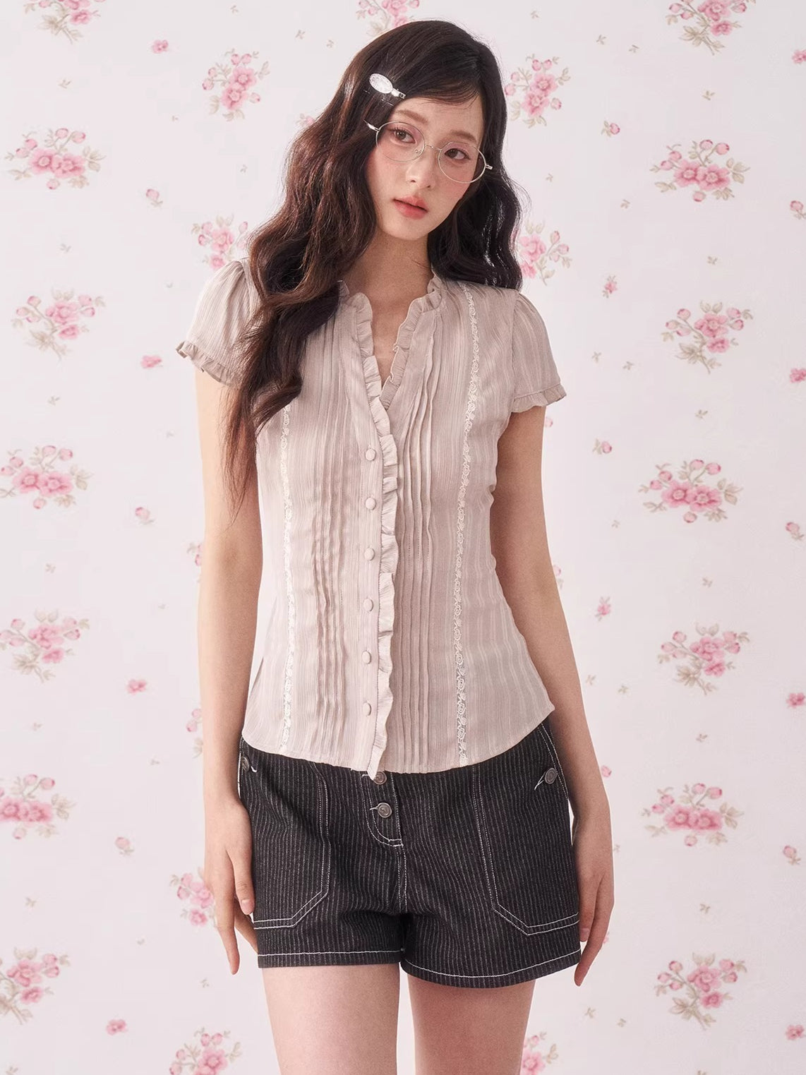 Ruffle Lace Waist-Fit Short Sleeve Blouse