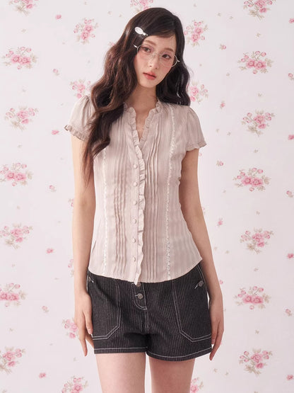 Ruffle Lace Waist-Fit Short Sleeve Blouse