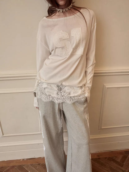 Lace-Hem Drawstring Long-Sleeve T-Shirt