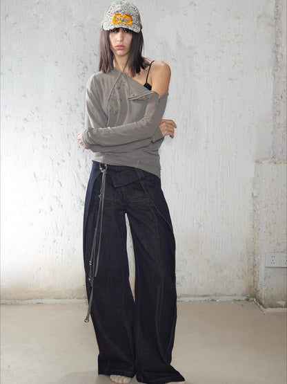 Rhinestone Frayed-Edge Knit T-Shirt