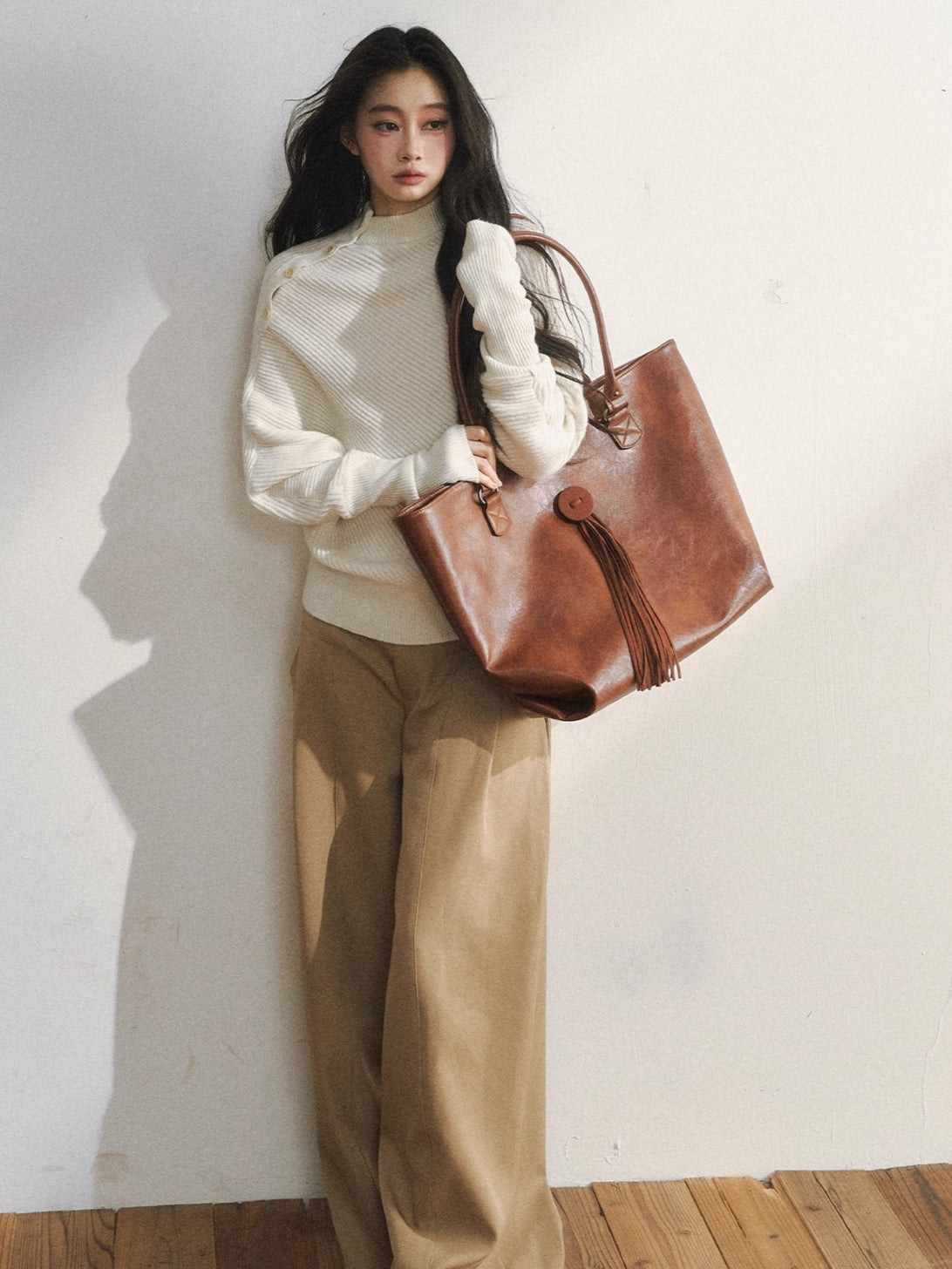 Asymmetric Buttoned White Knit Sweater
