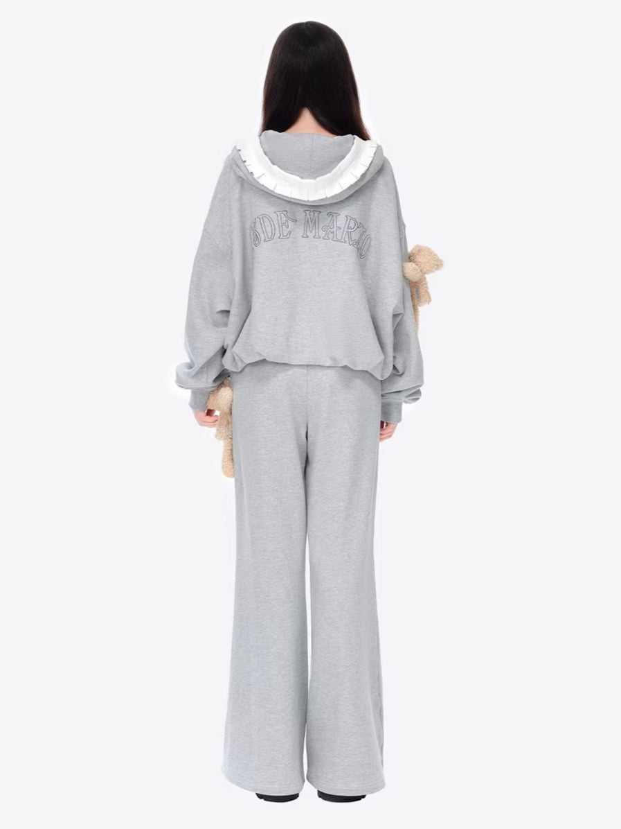 Ruffled Hooded Zip-Up Cropped Sweatshirt