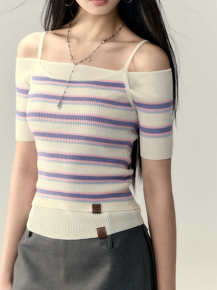 Striped Off-Shoulder Knit Short-Sleeve T-shirt