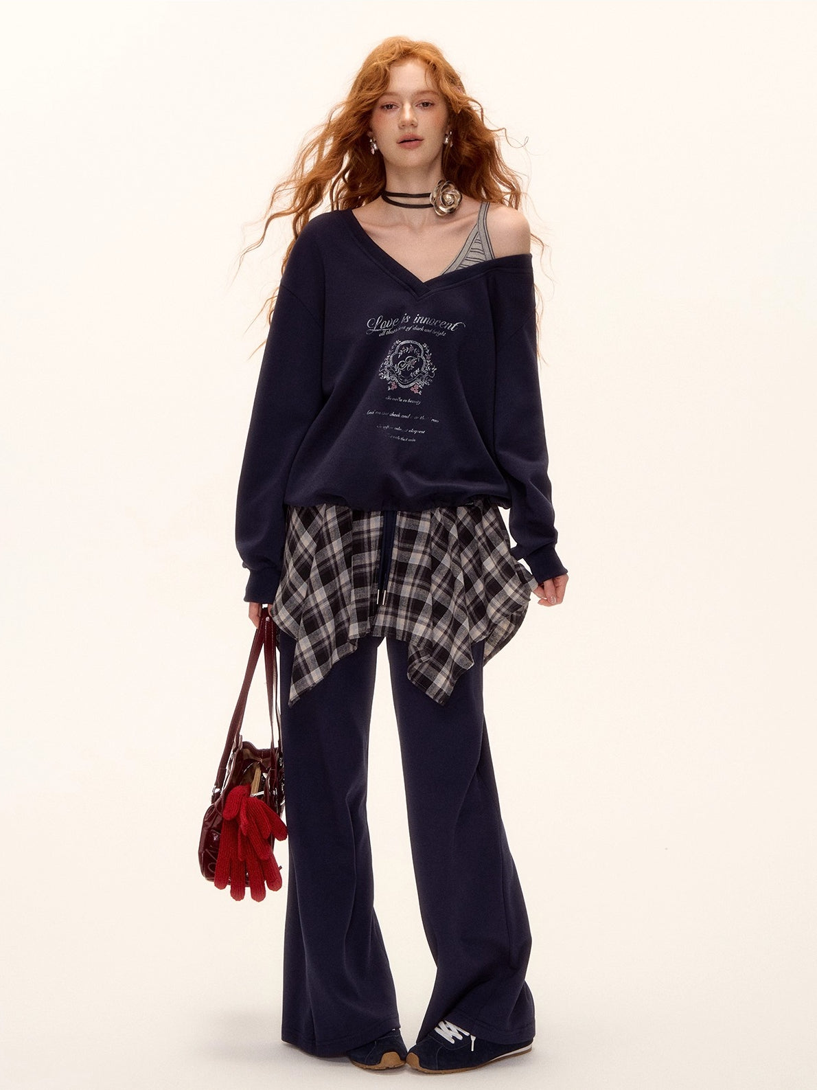 Asymmetric Shoulder Striped Fleece Tracksuit Set