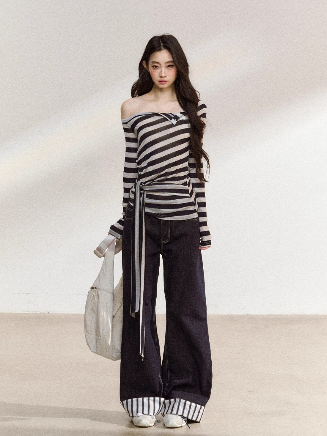 Asymmetric Stripe Off-Shoulder Tie Blouse