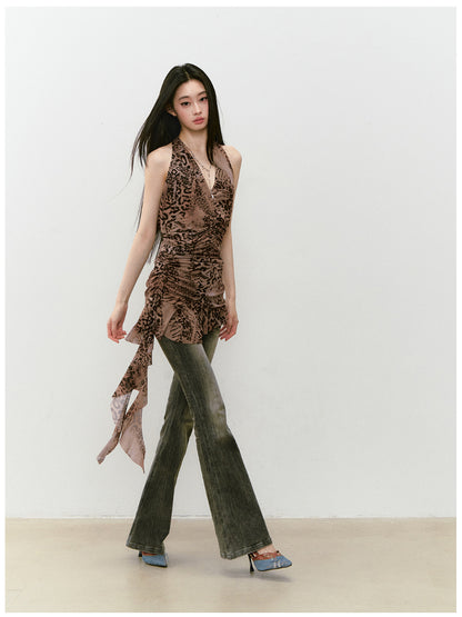 Halter Leopard Print Gathered-Waist Sleeveless Dress