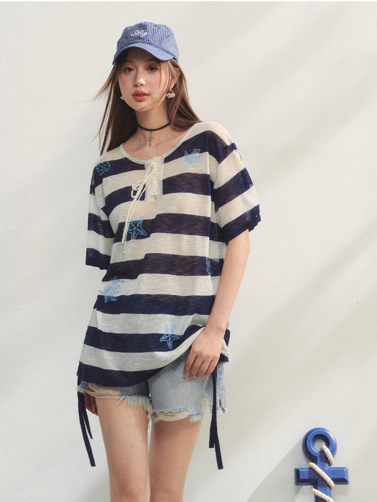 Striped Embroidery Drawstring Tie T-Shirt