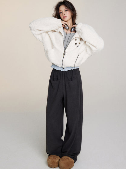 Fuzzy Big Pocket Straight-Leg Casual Pants