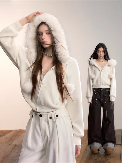 Faux Fur Collar Wool-Blend Fleece Jacket