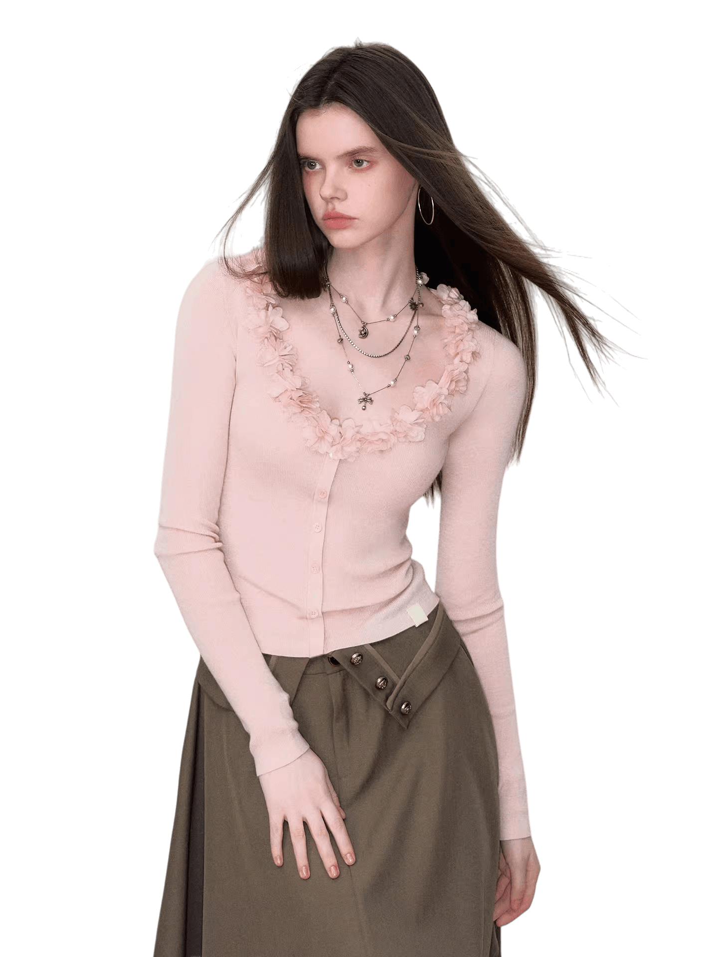 V-Neck Lace-Trim Fitted Knit Cardigan