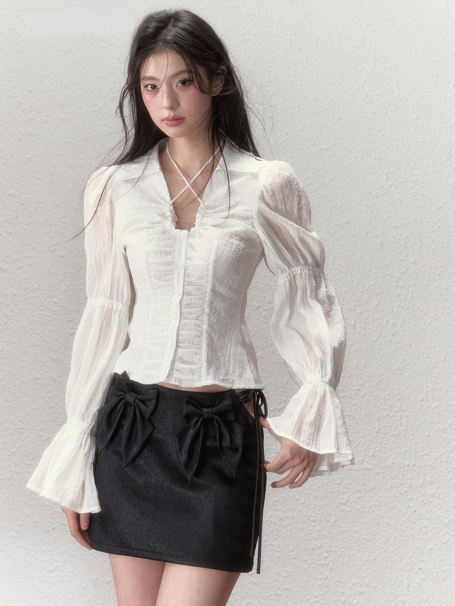 Sheer Puff Sleeve Drawstring Sun Protection Blouse - CHINASQUAD