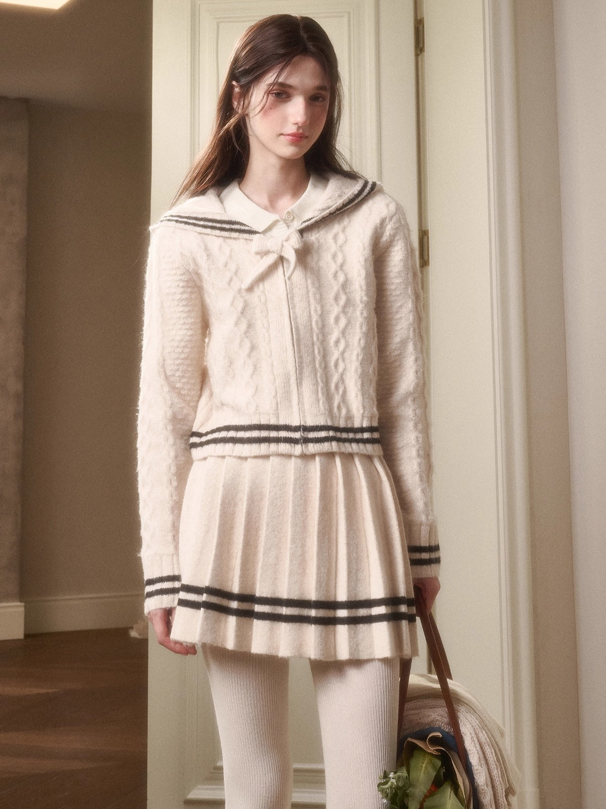 White Philosophy Wool Cloud Cable-Knit Cardigan &amp; Pleated Skirt Set