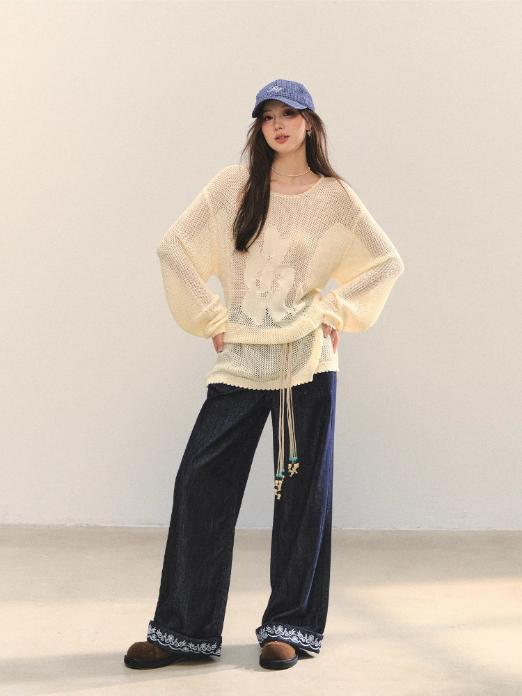 Floral Jacquard Knitted Hollow Crewnecks