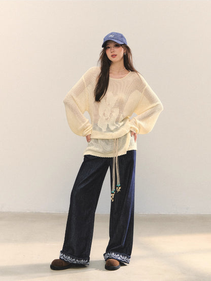 Floral Jacquard Knitted Hollow Crewnecks