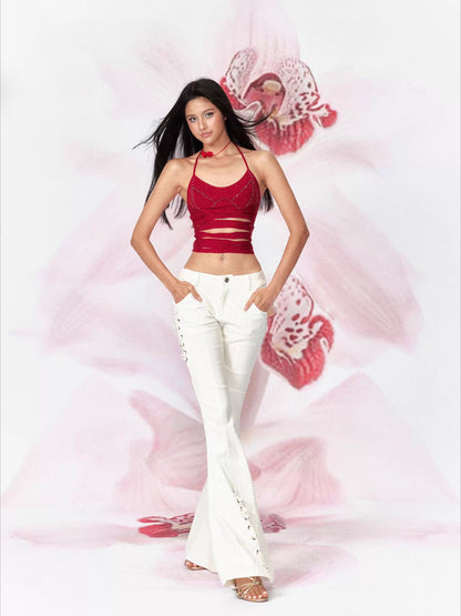 Cotton Cut-Out Rhinestone Halter Knit Cami Top