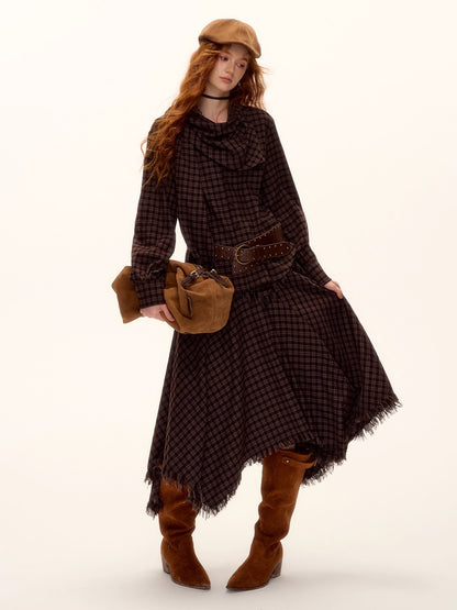 Vintage Plaid Beaded Tie-Scarf Shirt