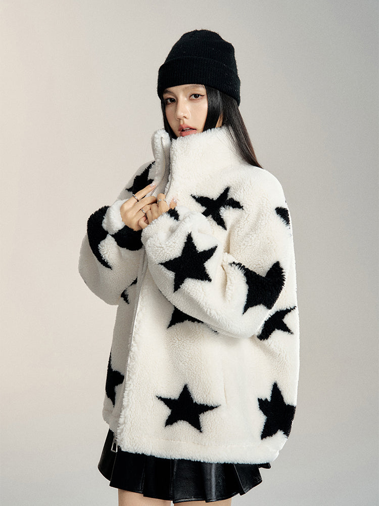 White Stand Collar Sherpa Star Jacket