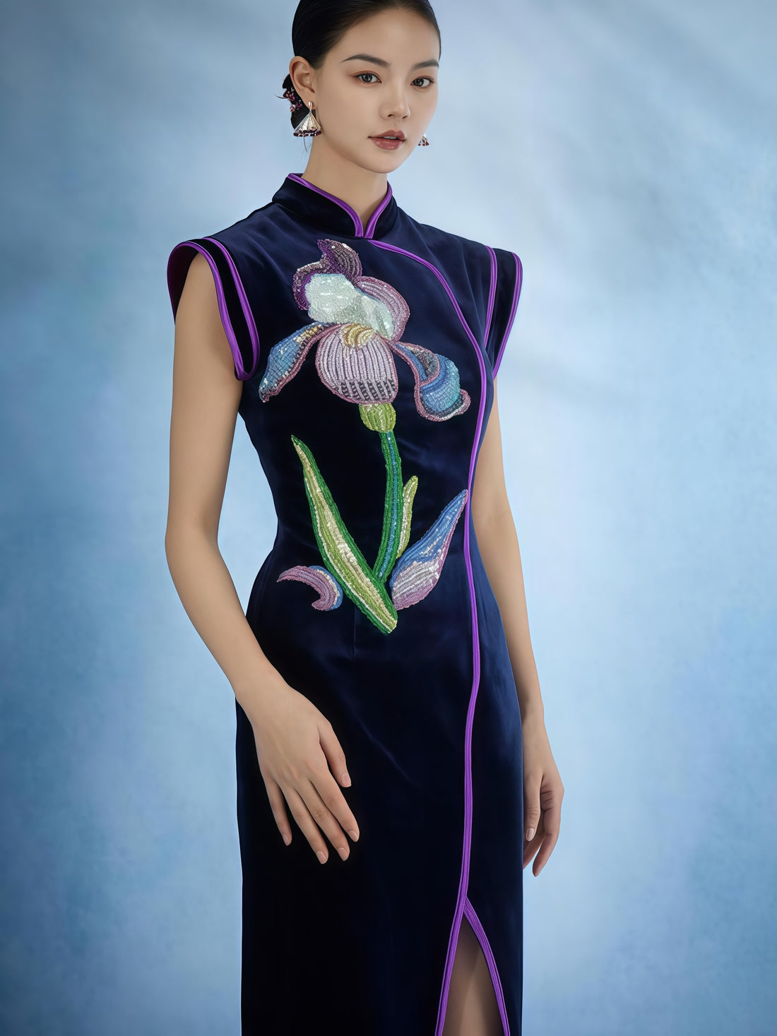 Iris Embroidered Velvet Cheongsam Dress
