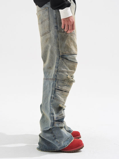 Layered Distressed Washed Loose Fit Denim Jeans