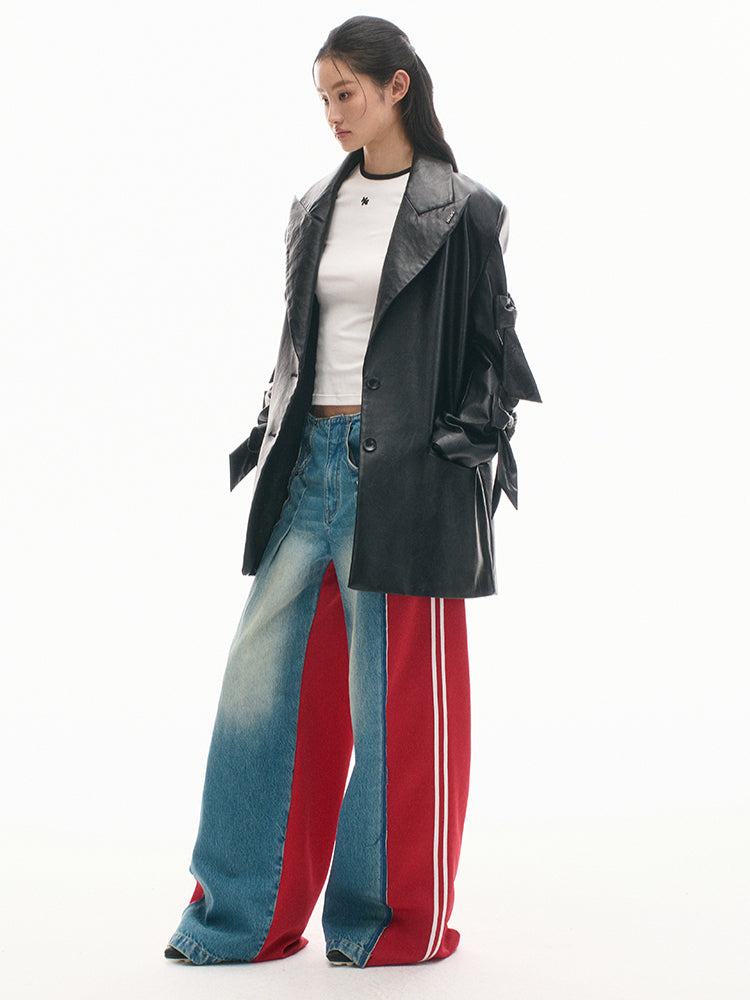 Elastic-Waist Color-Blocked Wide-Leg Pants