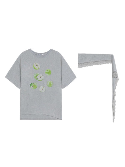Fruit Print Lace-Trimmed Tie-Up T-shirt