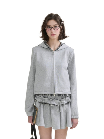 Gray Plaid Spliced Hoodie &amp; Skirt Set