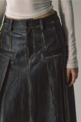 Black Pleated Leather Maxi Skirt - CHINASQUAD