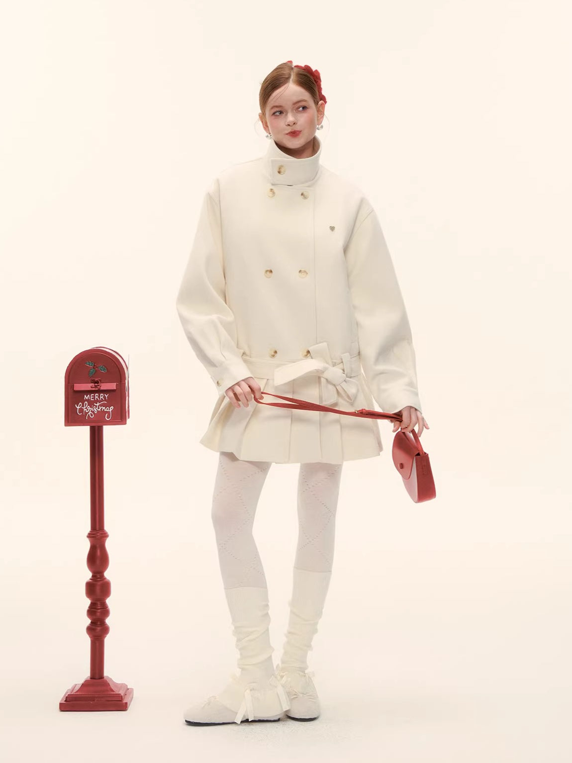 Pleated-Edge Down Wool-Blend Coat