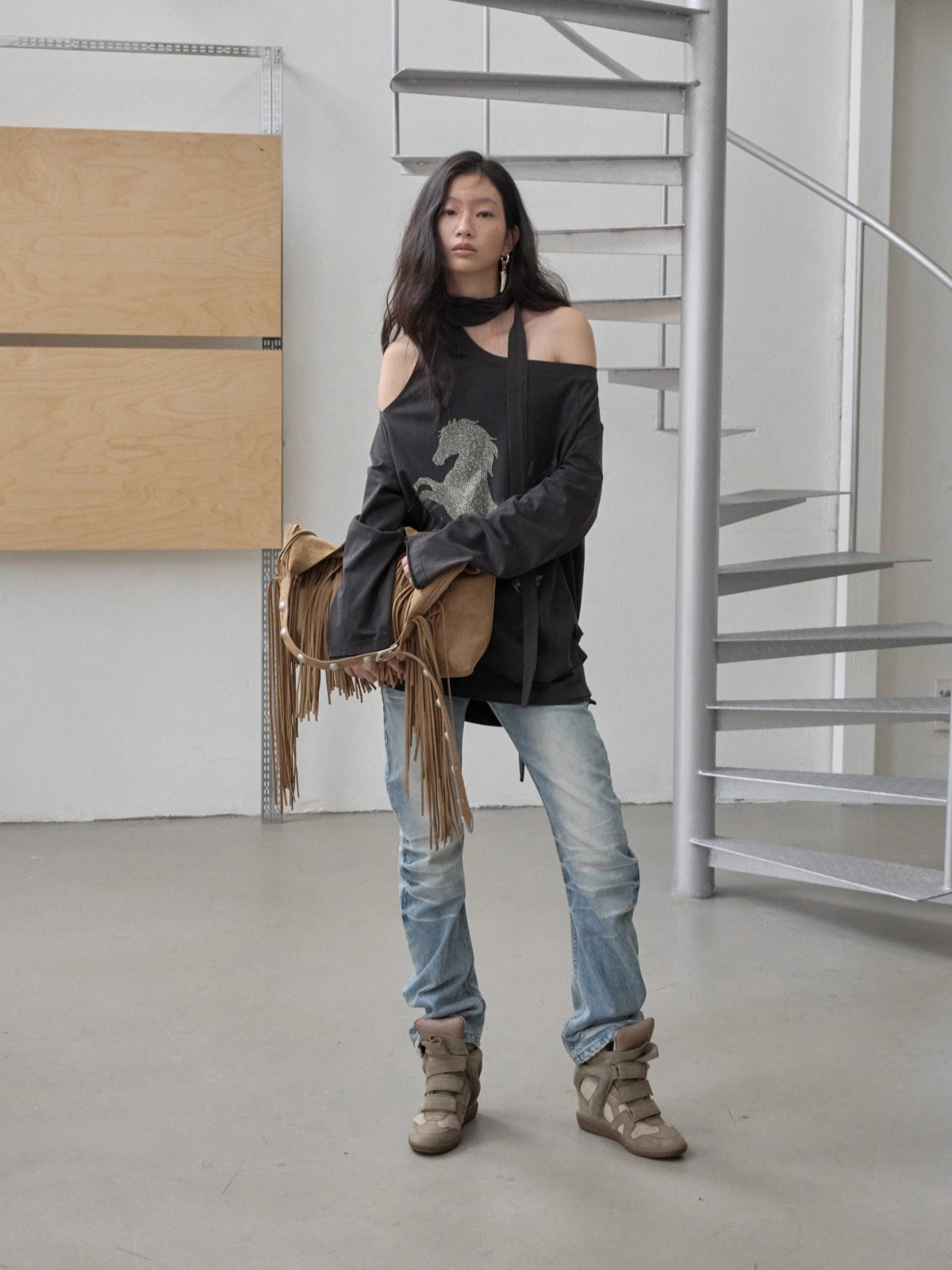 Vintage Pleated Washed Slim Curved Denim Pants