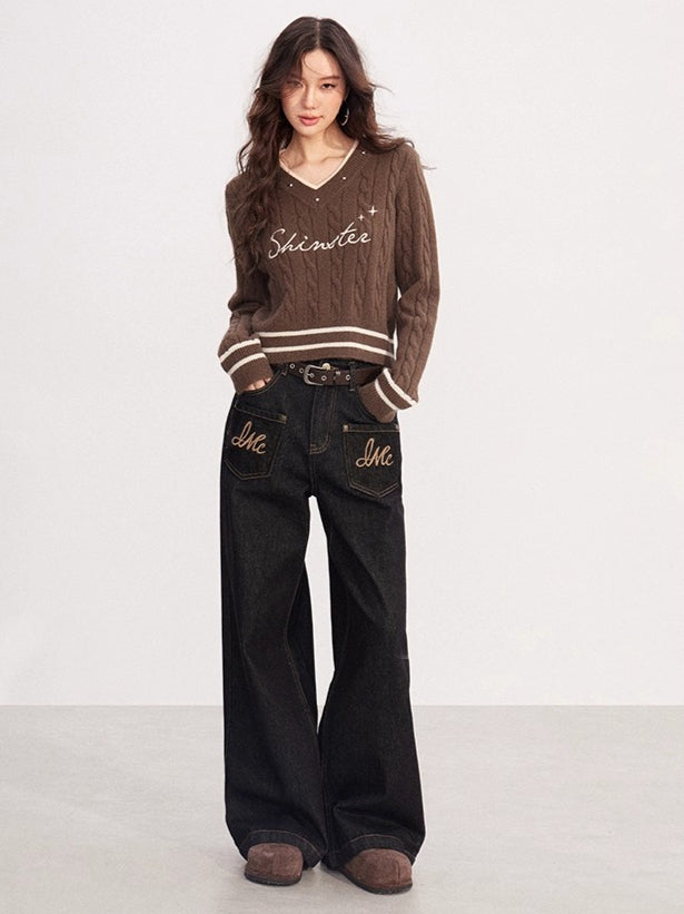 Layered-Effect Embroidered Knit V-Neck Sweater