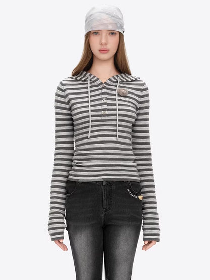 Striped Bear Button Hoodie Tee