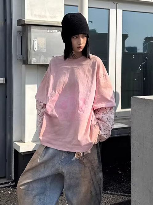 Lace-Panel Spray-Dyed Cotton T-Shirt