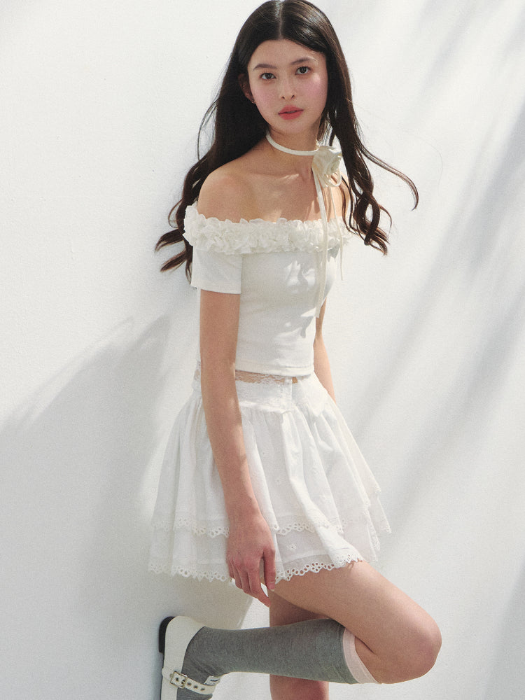 Off-Shoulder Irregular 3D Floral T-Shirt