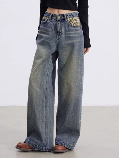 Leopard-Print Panelled Wide-Leg Denim Pants