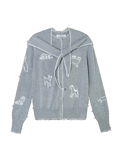 Puppy Embroidered Trim Hooded Knit Sweater - CHINASQUAD