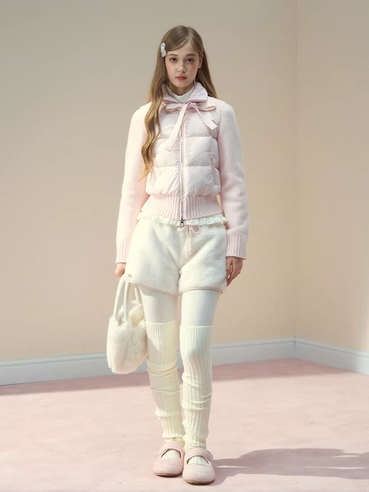 Cream Knit-Panel Down Jacket