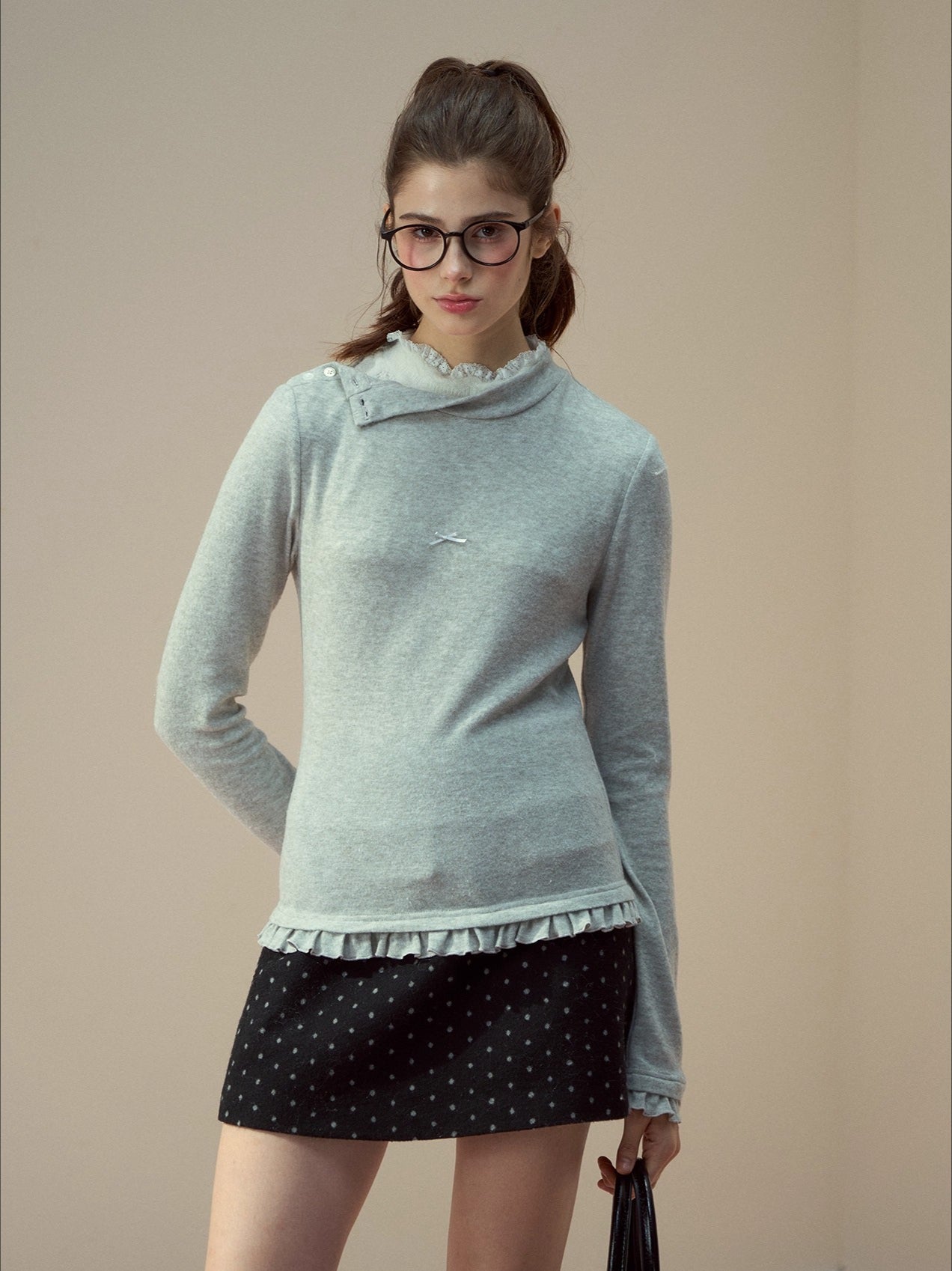 Layered Lace-Texture Mock Neck Knit T-Shirt