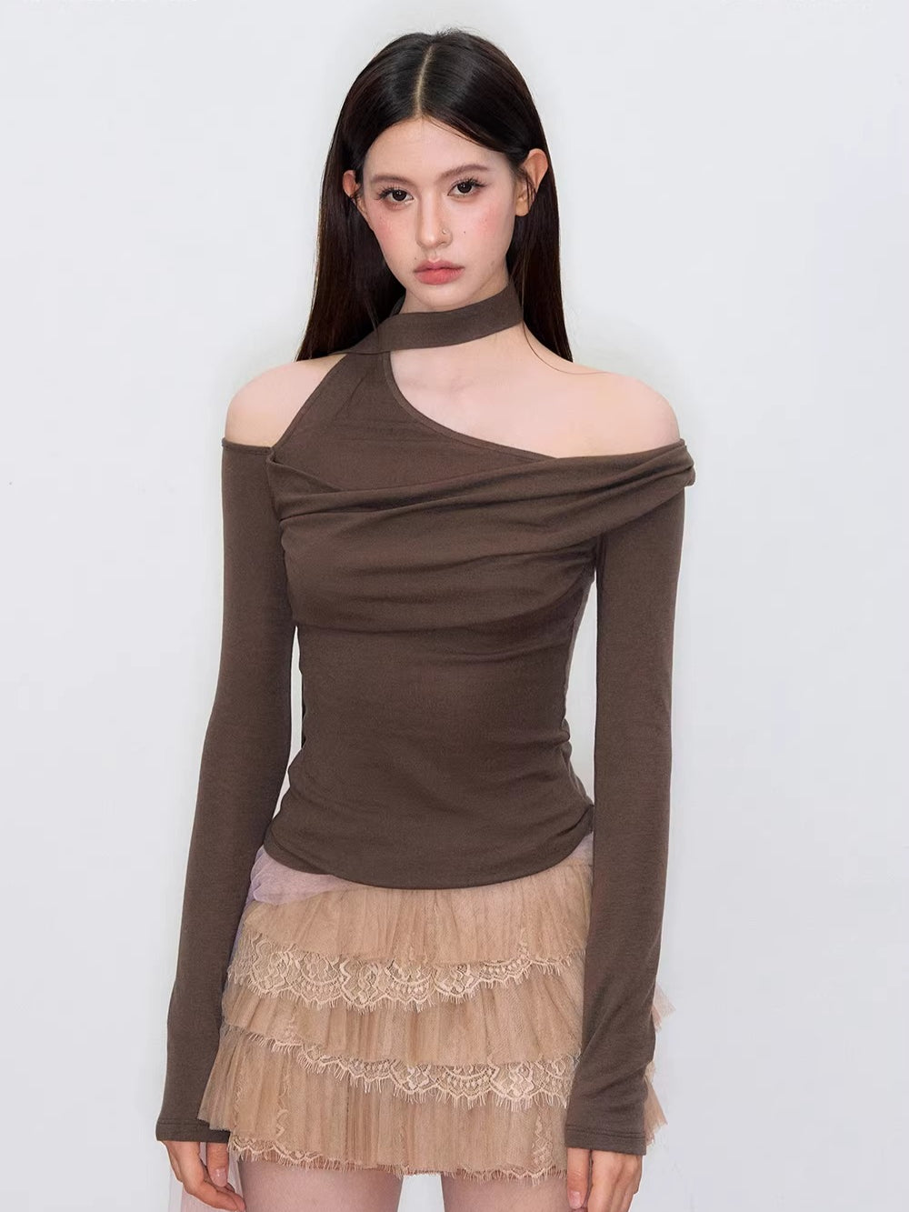 Asymmetric Off-Shoulder Knit T-Shirt