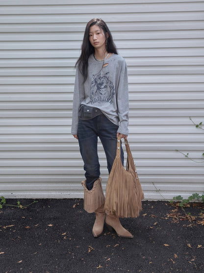Vintage Cat &amp; Dog Print Distressed Long-Sleeve Tee
