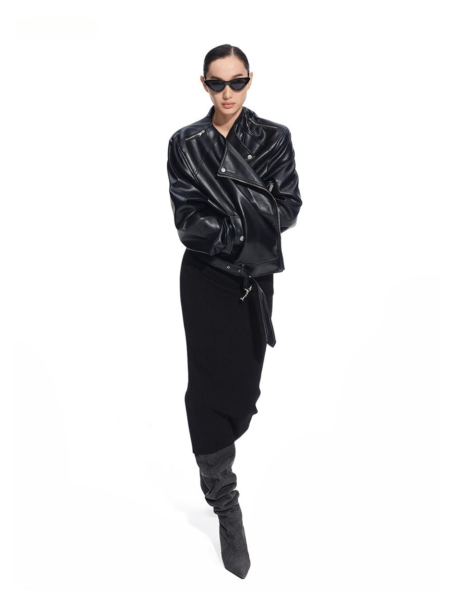 &quot;Dejembe Series&quot;Satin-Finish PU Leather Moto Jacket