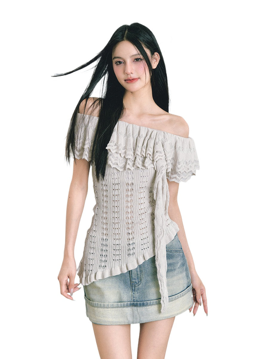 Off-The-Shoulder Ruffled Crochet Blouse