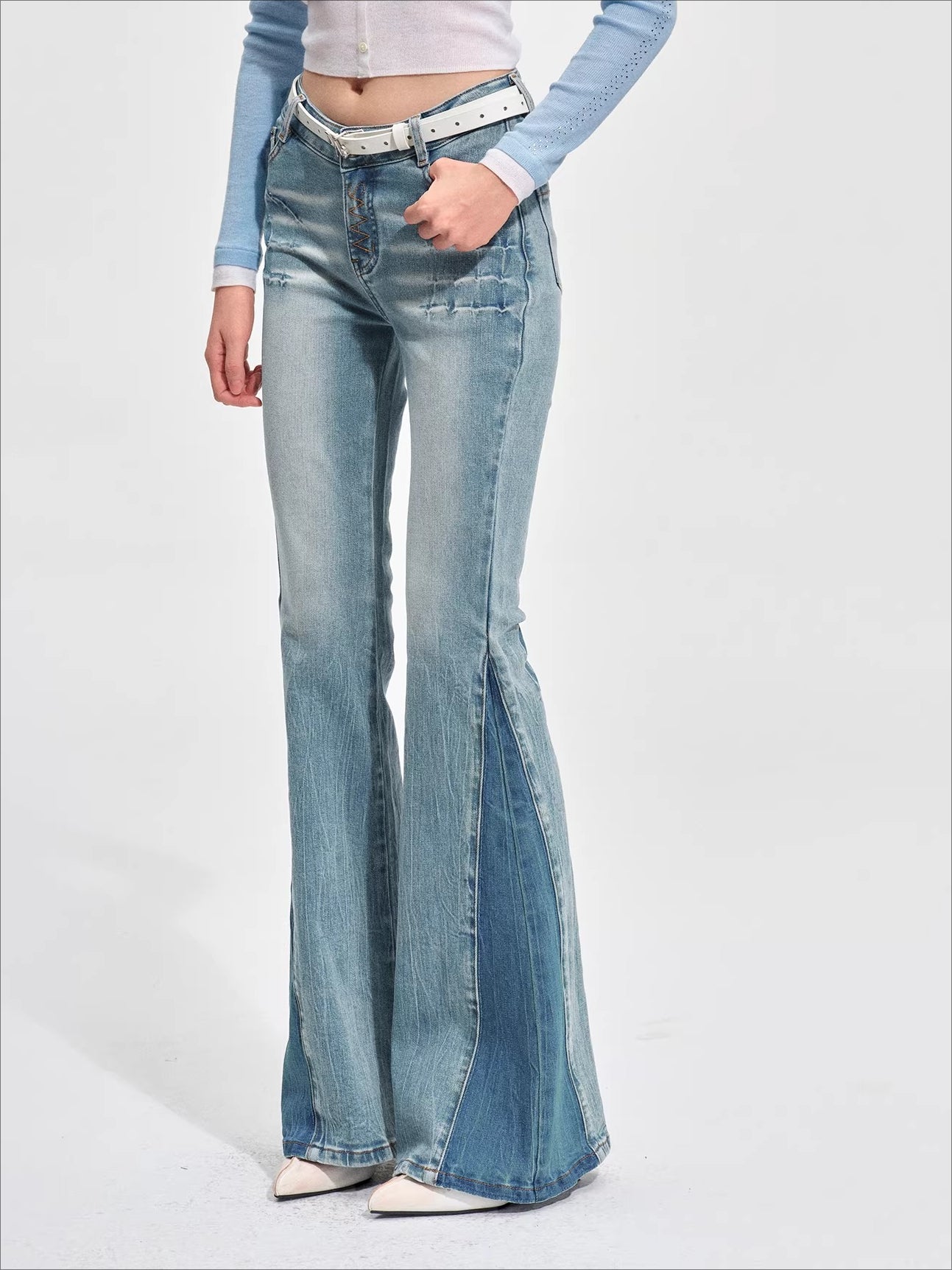 Vintage-Washed Skinny Micro-Flare Denim Jeans