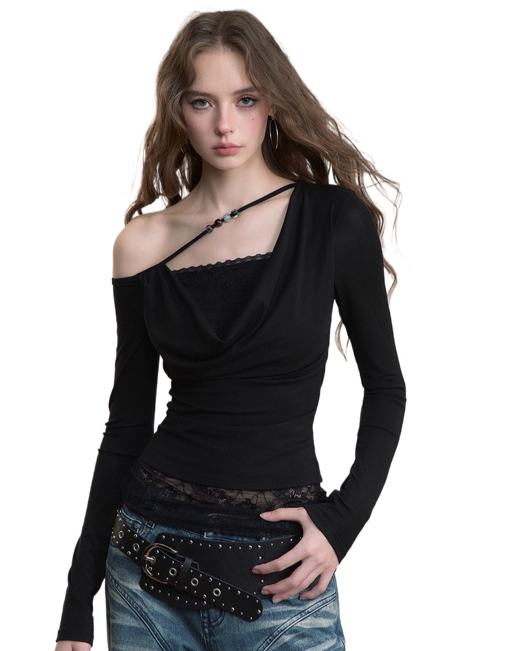 Fake Two-Piece Lace Off-Shoulder Beaded T-Shirt