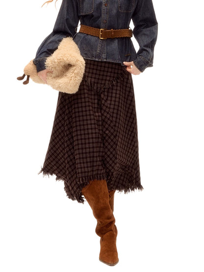 Frayed Hem Plaid Studded Belt Asymmetric A-Line Midi Skirt